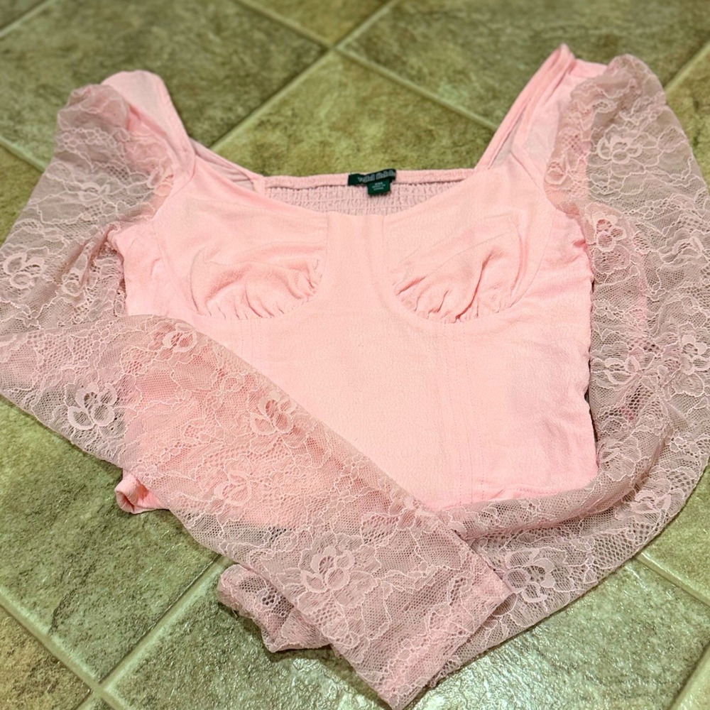 Wild Fable Womens‎ XXS Pink Lace Long Sleeve Milkmaid Bustier Crop Top Smocked